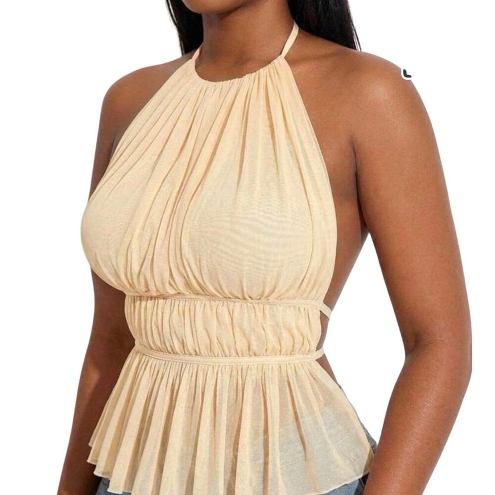 SHEINSXY Curve Pleated Mesh Halter Backless